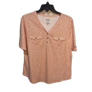 CroftAnd Barrow Peach Pink Blouse Women’s Sz Med Top Short Sleeve Pocket Front